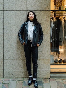 「417 EDIFICE（フォーワンセブンエディフィス）のアイテム（ライダースジャケット）」を使った、ayadaさん（レディース・172cm）の冬コーディネート