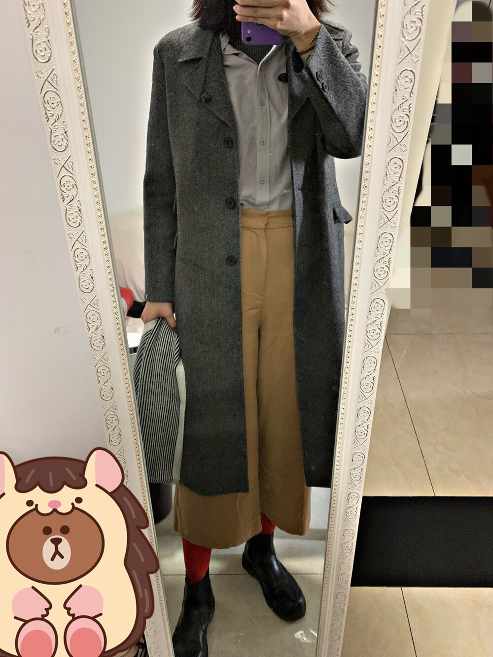 「ootd」｜「randompieceのアイテム（ダッフルコート、グレー系）」を使った、木村拓哉穿衣服さん（レディース・180cm）の秋コーディネートの1枚目の写真