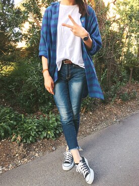 「Ungrid（アングリッド）のインディゴフレイドヘムストスリ（デニムパンツ）」を使った、Anna☪︎⋆｡˚✩さん（レディース・156cm）の秋コーディネート