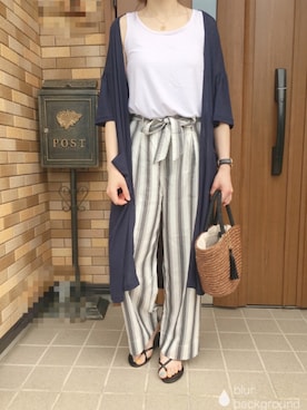 「ストライプパンツ」｜「アイテム（ビーチサンダル）」を使った、Anna☪︎⋆｡˚✩さん（レディース・156cm）の夏コーディネート