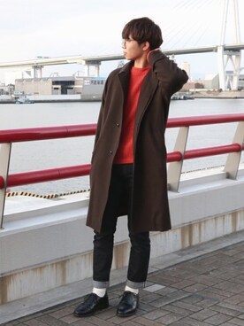 「confect（コンフォクト）のアイテム（ステンカラーコート）」を使った、タマちゃんさん（メンズ・177cm）の冬コーディネート