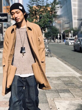 「AVIREX（アヴィレックス）のアイテム（ステンカラーコート）」を使った、ハットリさん（メンズ・176cm）の冬コーディネート