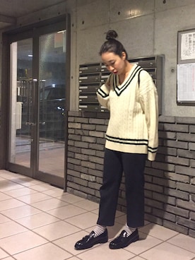 「ボーダーソックス」｜「アイテム（その他シューズ）」を使った、canacさん（レディース・152cm）の冬コーディネート