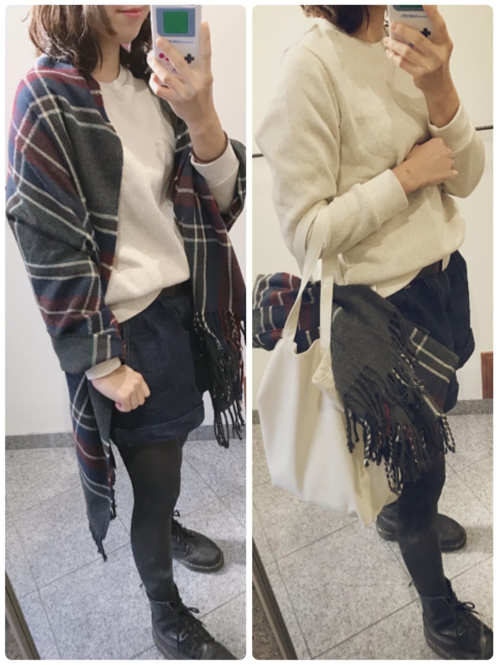 「秋冬コーデ、オトナカジュアル、ニット、冬コーデ、スウェット、シンプル、カジュアル、UNIQLO、デニムパンツ、ドクターマーチン」｜「select MOCAのタータンチェック柄カシミアタッチ大判フリンジストール（ストール/ショール、グレー系）」を使った、みさPさん（レディース・153cm）の秋コーディネートの1枚目の写真