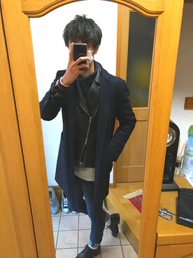 「417 EDIFICE（フォーワンセブンエディフィス）のアイテム（チェスターコート）」を使った、utaさん（メンズ・183cm）の冬コーディネート