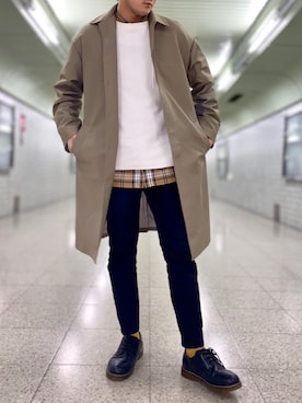「アイテム（ステンカラーコート）」を使った、こーせさん（メンズ・174cm・20代）の春コーディネート