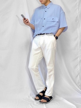 「KANGOL（カンゴール）のMONO-MART×KANGOL リラックスレギュラー クレリックカラー オーバーサイズ ドレープCPOシャツ(1/2 sleeve)（シャツ/ブラウス、ブルー系）」を使った、こーせさん（メンズ・174cm）の夏コーディネート