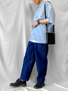 「KANGOL（カンゴール）のMONO-MART×KANGOL リラックスレギュラー クレリックカラー オーバーサイズ ドレープCPOシャツ(1/2 sleeve)（シャツ/ブラウス、ブルー系）」を使った、こーせさん（メンズ・174cm）の夏コーディネート