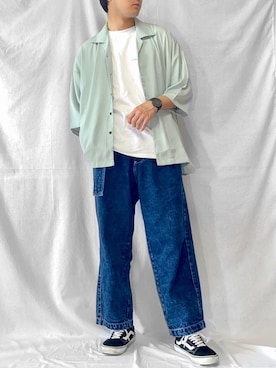 「remer（リメール）のloose open collar shirt / ルーズオープンカラーシャツ（シャツ/ブラウス、グリーン系）」を使った、こーせさん（メンズ・174cm）の夏コーディネート