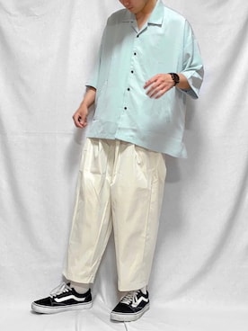 「remer（リメール）のloose open collar shirt / ルーズオープンカラーシャツ（シャツ/ブラウス、グリーン系）」を使った、こーせさん（メンズ・174cm）の夏コーディネート