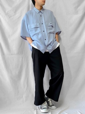 「KANGOL（カンゴール）のMONO-MART×KANGOL リラックスレギュラー クレリックカラー オーバーサイズ ドレープCPOシャツ(1/2 sleeve)（シャツ/ブラウス、ブルー系）」を使った、こーせさん（メンズ・174cm）の夏コーディネート