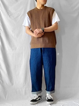 「UNIQLO（ユニクロ）のオーバーサイズクルーネックT（半袖）（Tシャツ/カットソー、ホワイト系）」を使った、こーせさん（メンズ・174cm）の秋コーディネート