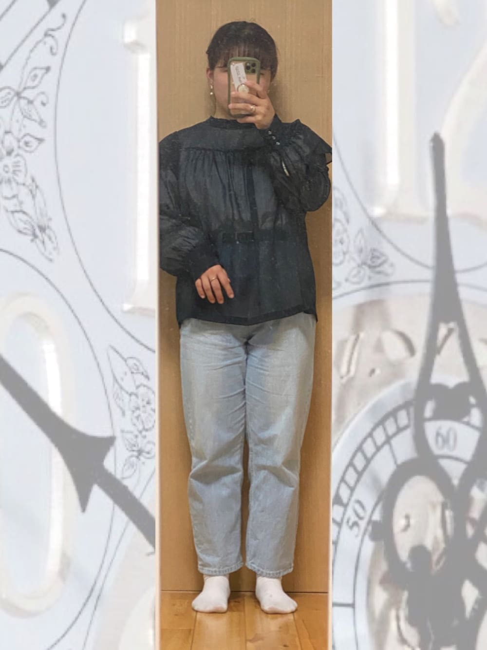 「GUのアイテム（シャツ/ブラウス、ブルー系）」を使った、naomiさん（レディース・158cm）の春コーディネートの1枚目の写真