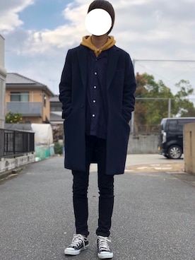 「JUNRED（ジュンレッド）のアイテム（チェスターコート）」を使った、miuraaaさん（メンズ・175cm）の冬コーディネート