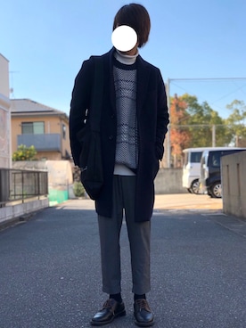 「JUNRED（ジュンレッド）のアイテム（チェスターコート）」を使った、miuraaaさん（メンズ・175cm）の冬コーディネート
