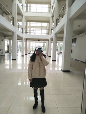 「午のアイテム（その他シューズ、ブラック系）」を使った、卩一卫さん（レディース・158cm）の春コーディネート