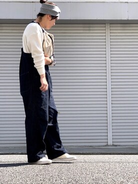 「ワッフルクルーネックＴ」｜「アイテム（オールインワン・サロペット）」を使った、lomilomiさん（レディース・161cm）の春コーディネート