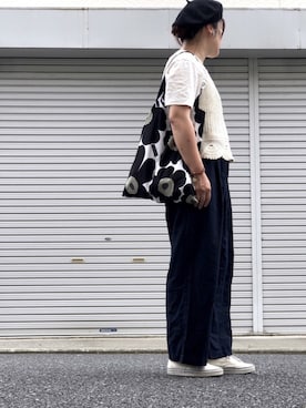 「UNIQLO（ユニクロ）のベルテッドリネンコットンワイドストレートパンツ(丈標準66～68cm）（その他パンツ）」を使った、lomilomiさん（レディース・161cm）の夏コーディネート