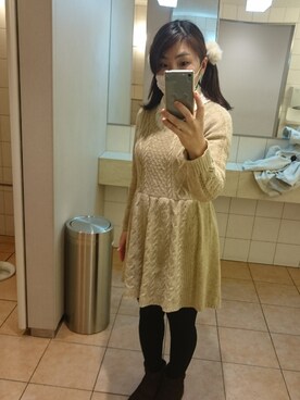 「友達から貰ったもののアイテム（ワンピース、ベージュ系）」を使った、こぼちゃんさん（レディース・152cm）の冬コーディネート