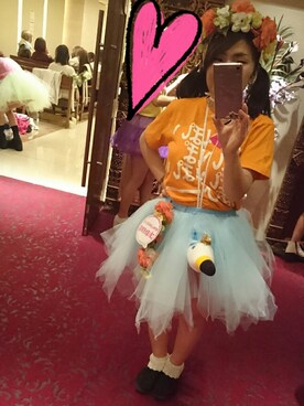 「あやまんJAPAN株式会社のアイテム（Tシャツ/カットソー、オレンジ系）」を使った、こぼちゃんさん（レディース・152cm）の冬コーディネート
