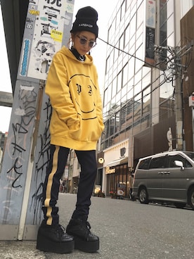 「Gosha Rubchinskiy（ゴーシャラブチンスキー）のアイテム（帽子）」を使った、hanae maruiさん（レディース・155cm）の冬コーディネート