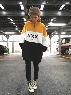 「Gosha Rubchinskiy（ゴーシャラブチンスキー）のアイテム（帽子）」を使った、hanae maruiさん（レディース・155cm）の冬コーディネート