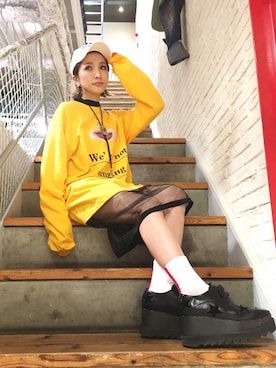「Little sunny bite（リトルサニーバイト）のアイテム（帽子）」を使った、hanae maruiさん（レディース・155cm）の春コーディネート