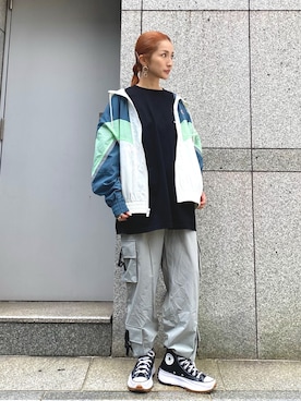 「NIKE（ナイキ）のNIKE/ナイキ/ウィンドランナー+ ユニセックス フーデッド ジャケット/CZ0782（ブルゾン）」を使った、hanae maruiさん（レディース・155cm）の夏コーディネート