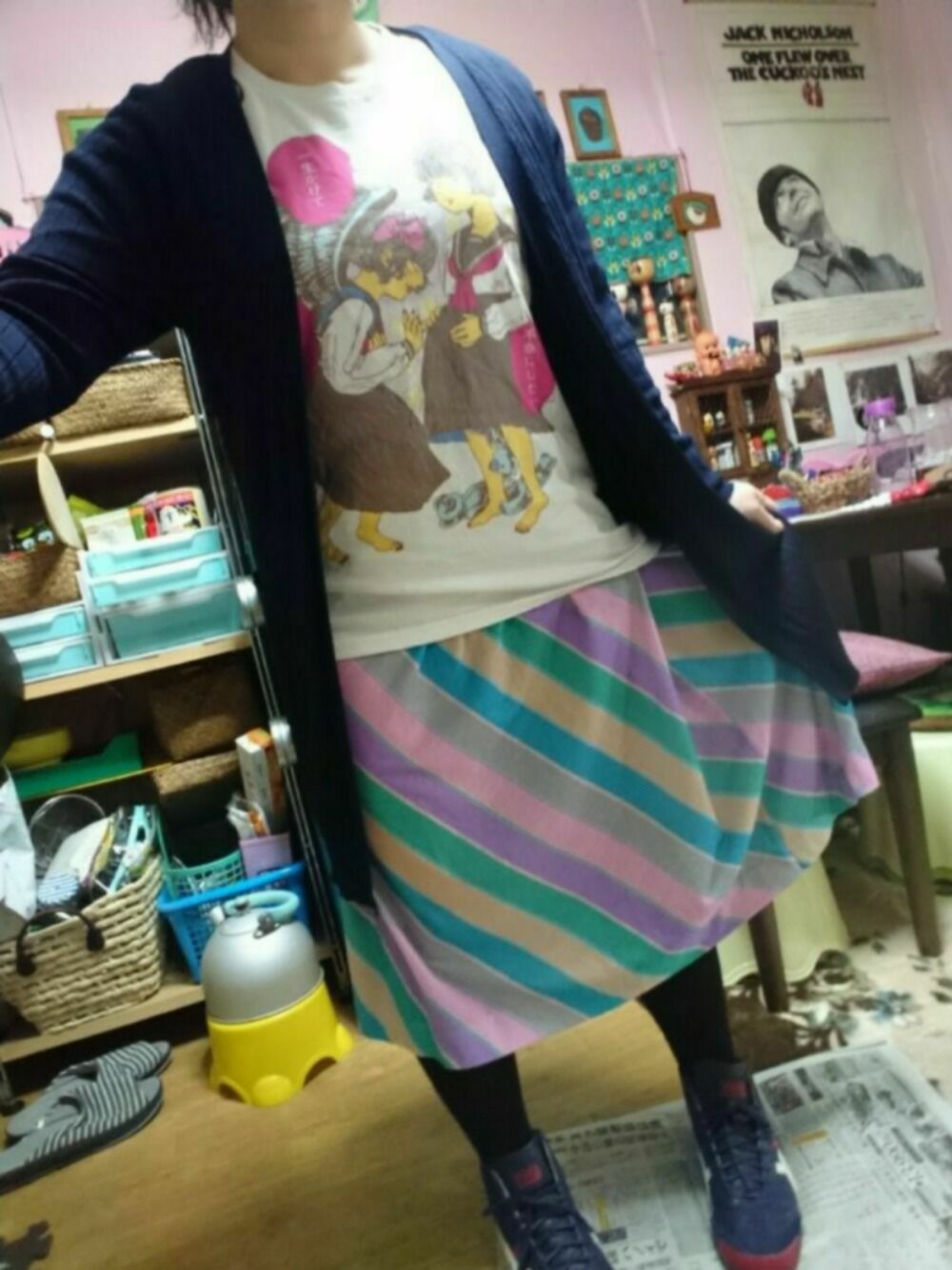 「低身長、オニツカタイガー、イラストTシャツ、原田ちあき、教えてエロい人、ファンシー、アドバイスくだせえまし、コーデ模索中、原田ちあき様の服を着たい」｜「しまむらのアイテム（カーディガン/ボレロ、ブルー系）」を使った、じんじんさん（レディース・148cm）の春コーディネートの1枚目の写真