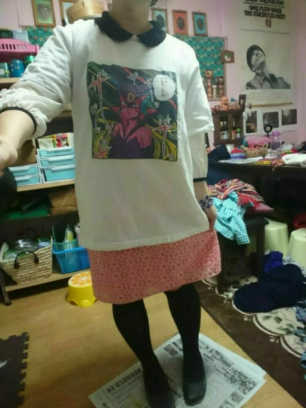 「原田ちあき、イラストTシャツ、古着好き、低身長、ドロンジョ」｜「古着の200円 ブックオフプラス（スカート、ピンク系）」を使った、じんじんさん（レディース・148cm）の春コーディネートの1枚目の写真