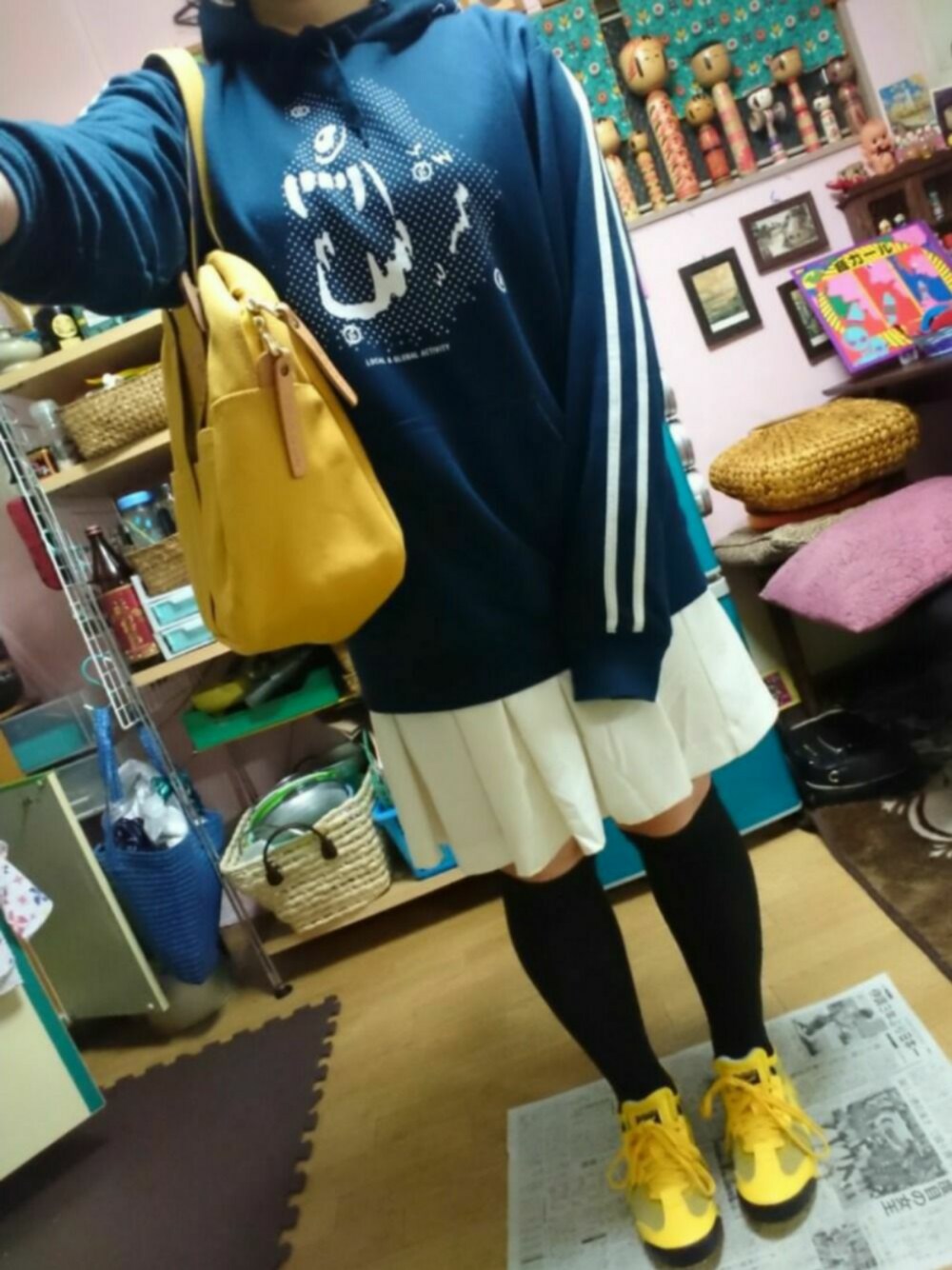 「低身長、オニツカタイガー、ロリクレ、メッシュスニーカー」｜「le ondeの13800円（トートバッグ、イエロー系）」を使った、じんじんさん（レディース・148cm）の春コーディネートの1枚目の写真