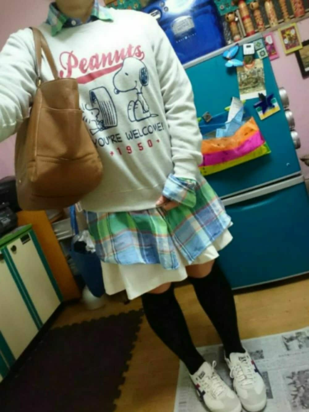 「低身長、スヌーピー、オニツカタイガー、古着好き」｜「COACHの10000円くらい（トートバッグ、ブラウン系）」を使った、じんじんさん（レディース・148cm）の春コーディネートの1枚目の写真