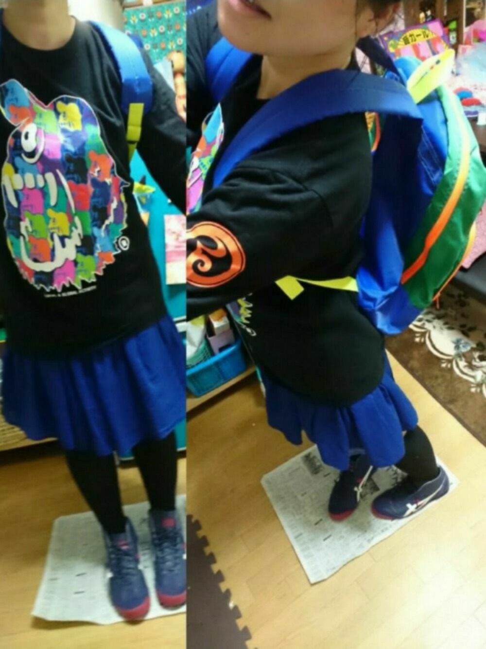 「低身長、ロリクレ、しまむらコラボ、オニツカタイガー」｜「古着の200円 ブックオフプラス（スカート、ブルー系）」を使った、じんじんさん（レディース・148cm）の春コーディネートの1枚目の写真