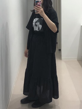 「UNIQLO（ユニクロ）のオープンカラーシャツ（半袖）＋E（シャツ/ブラウス、ブラック系）」を使った、Ameliaさん（レディース・152cm）の夏コーディネート
