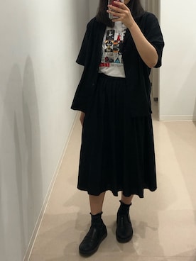 「UNIQLO（ユニクロ）のオープンカラーシャツ（半袖）＋E（シャツ/ブラウス、ブラック系）」を使った、Ameliaさん（レディース・152cm）の夏コーディネート