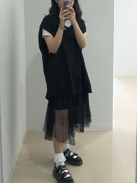 「GU（ジーユー）のカットソーVネックベスト（トップス、ブラック系）」を使った、Ameliaさん（レディース・152cm）の夏コーディネート