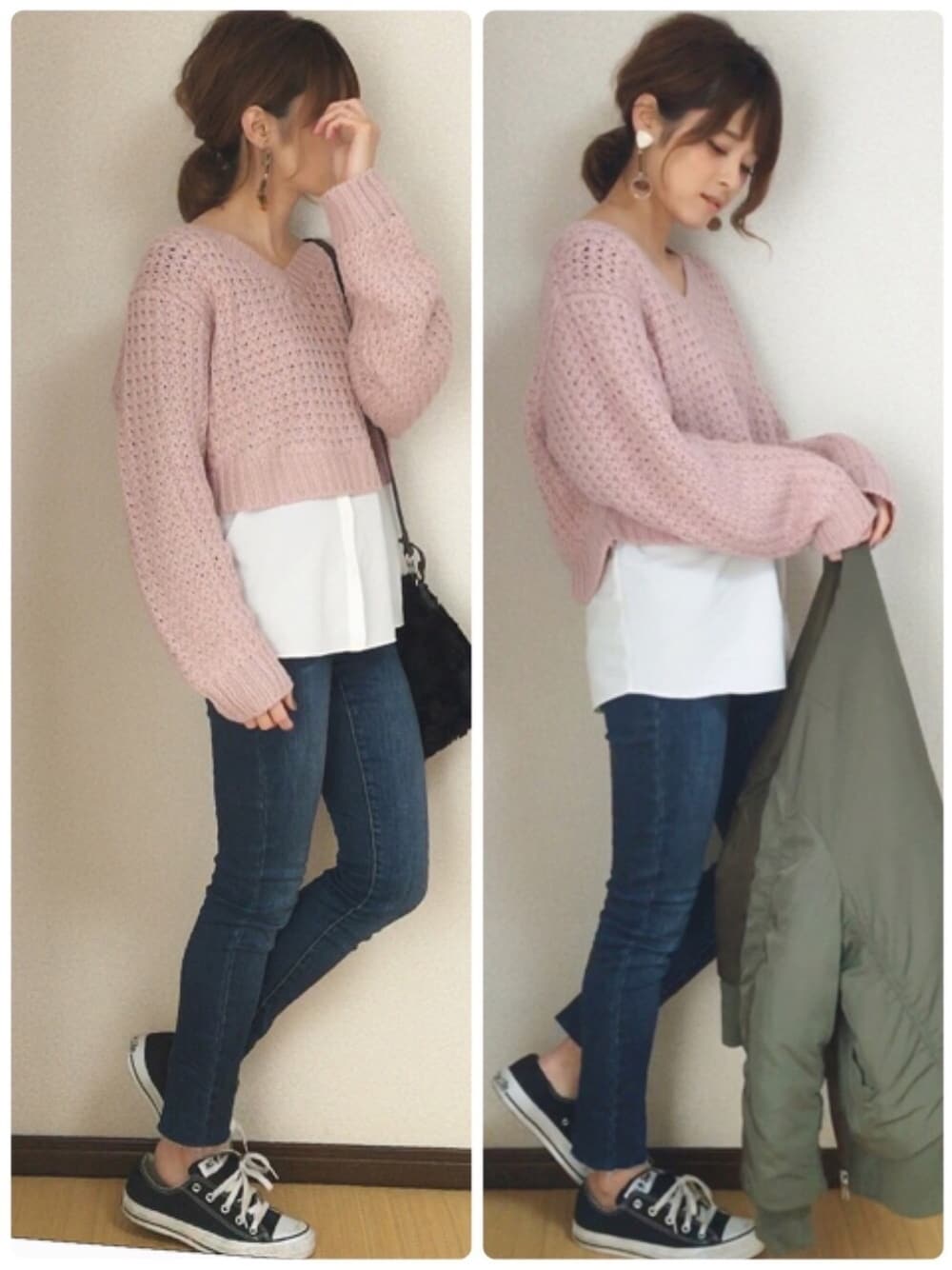 ピンク系のニット/セーター、ブルー系のデニムパンツ、ブラック系のスニーカーを着用したレディースの冬コーディネートの1枚目の写真