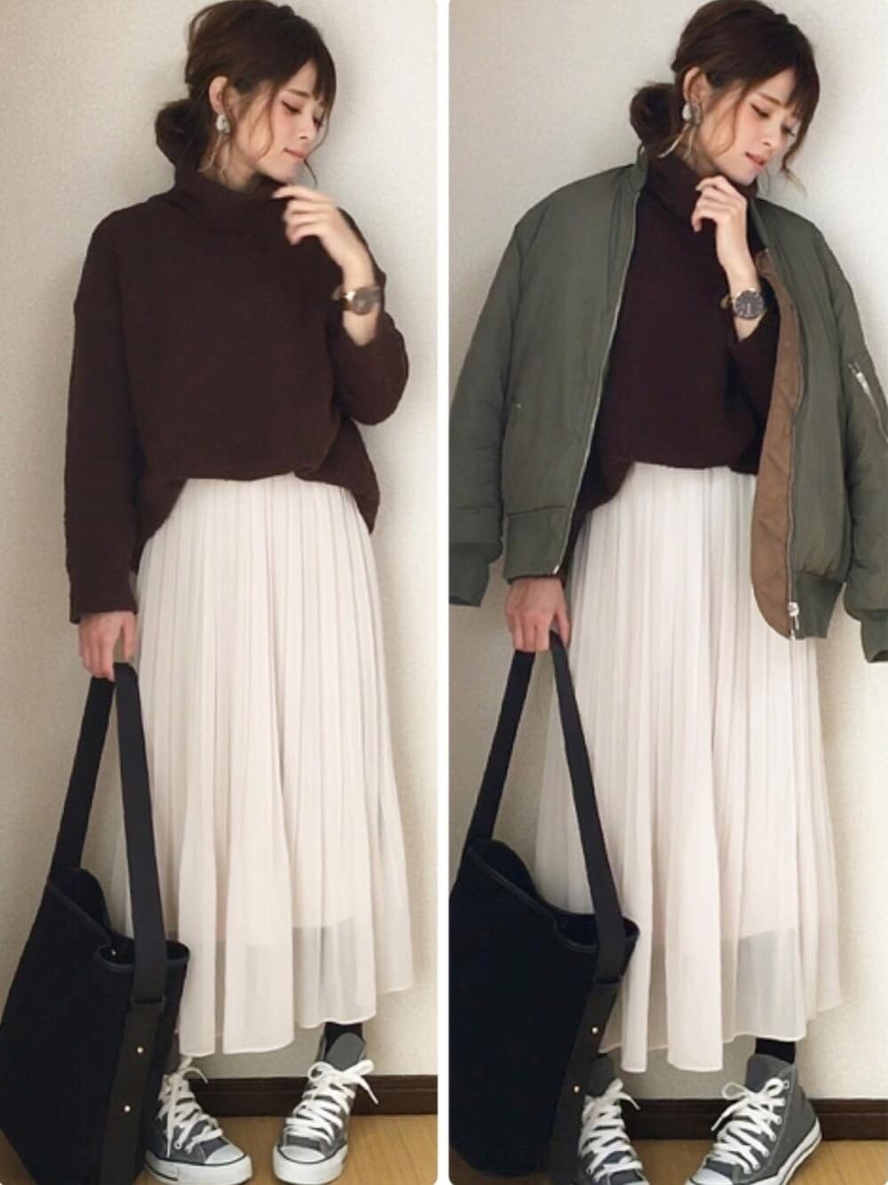 「オトナカジュアル、シンプルコーデ、春色、GU、UNIQLO、プリーツスカート、プチプラ、ニット、ブルゾン」｜「UNIQLOのWOMEN シフォンプリーツスカート（スカート、ホワイト系）」を使った、yunさん（レディース・153cm）の冬コーディネートの1枚目の写真