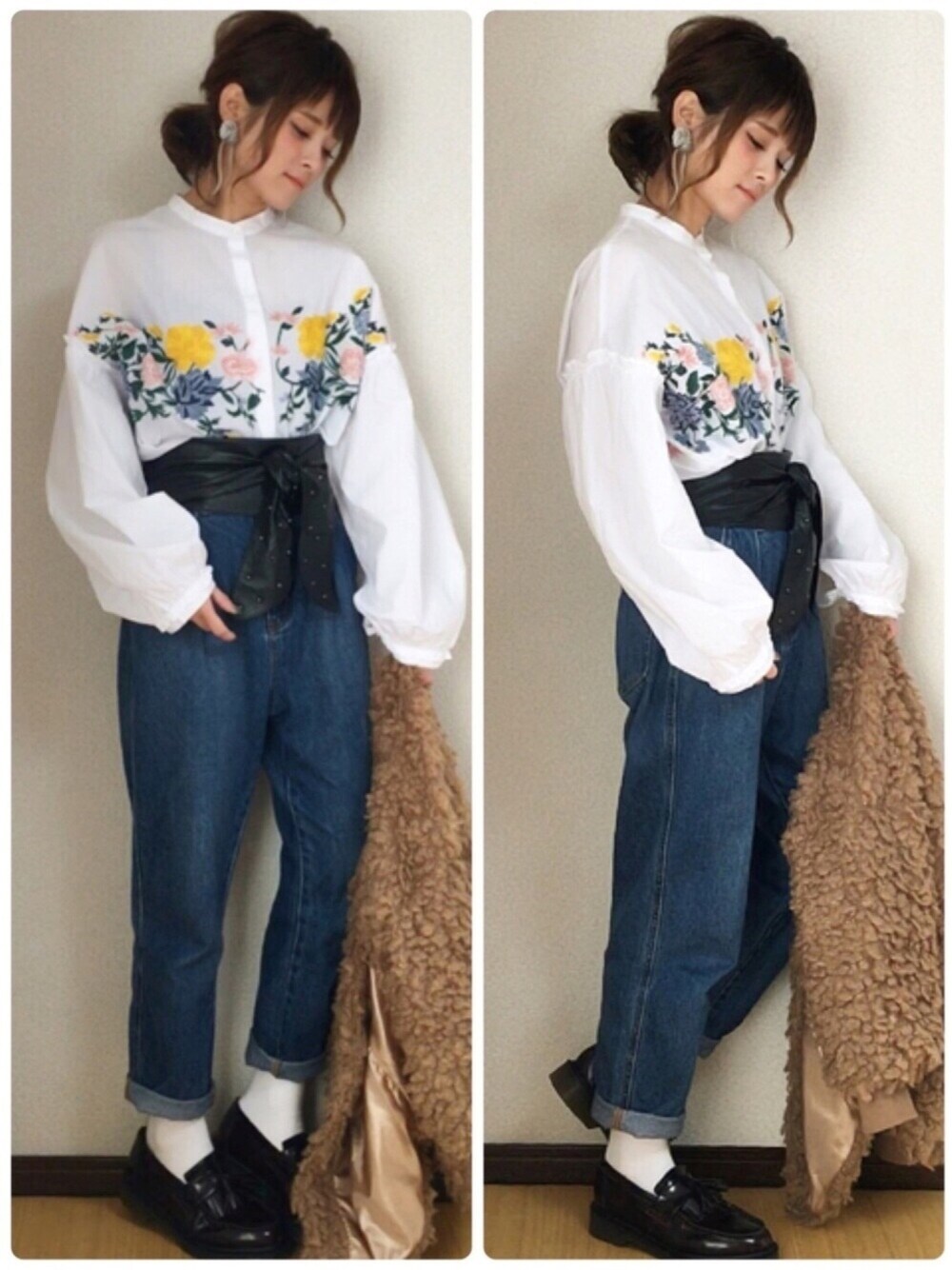 「はるコーデ、シンプルコーデ、カジュアルコーデ、デニムパンツ、刺繍、ハイウエスト、サッシュベルト、オトナカジュアル、Dr.Martens」｜「ZARAのアイテム（シャツ/ブラウス、ホワイト系）」を使った、yunさん（レディース・153cm）の冬コーディネートの1枚目の写真