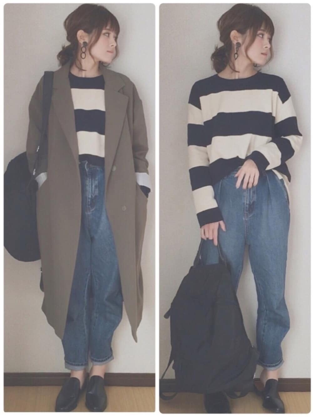 「カーキ、オトナカジュアル、シンプルコーデ、denim、春、バブーシュ、GU、ハイウエストマムジーンズ、ボーダー、はるコーデ」｜「無印良品のアイテム（ニット/セーター、その他）」を使った、yunさん（レディース・153cm）の冬コーディネートの1枚目の写真