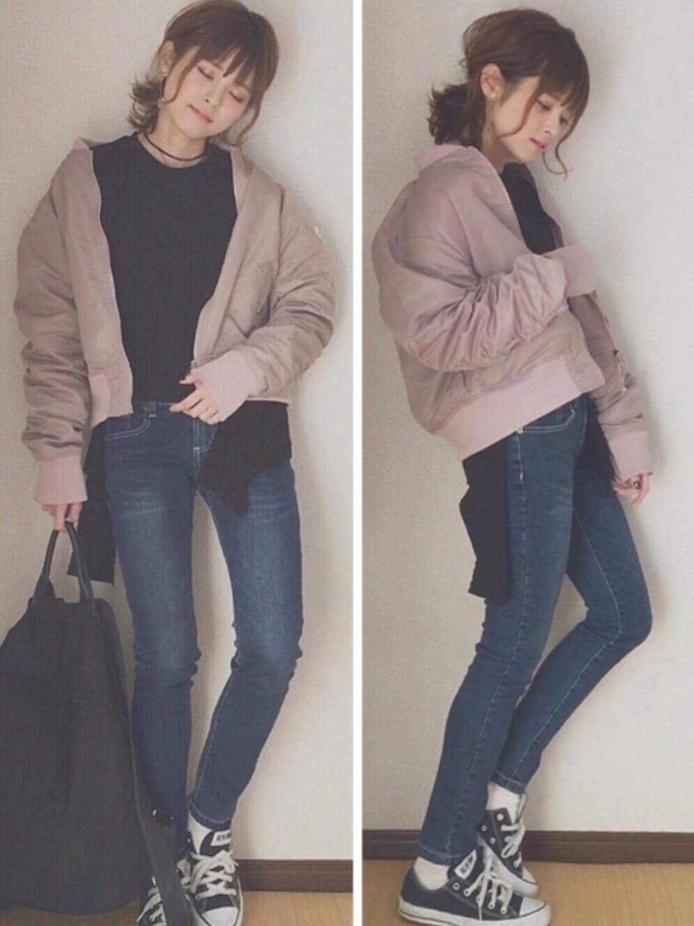 「オトナカジュアル、春コーデ、ラフ、ピンク、converse、スキニーデニム、ブラック、MA-1、GRL、スプリングSENSEOFPLACE」｜「EMODAのｍｉｎｉｍａｌ ＭＡ－１（MA-1、ピンク系）」を使った、yunさん（レディース・153cm）の春コーディネートの1枚目の写真