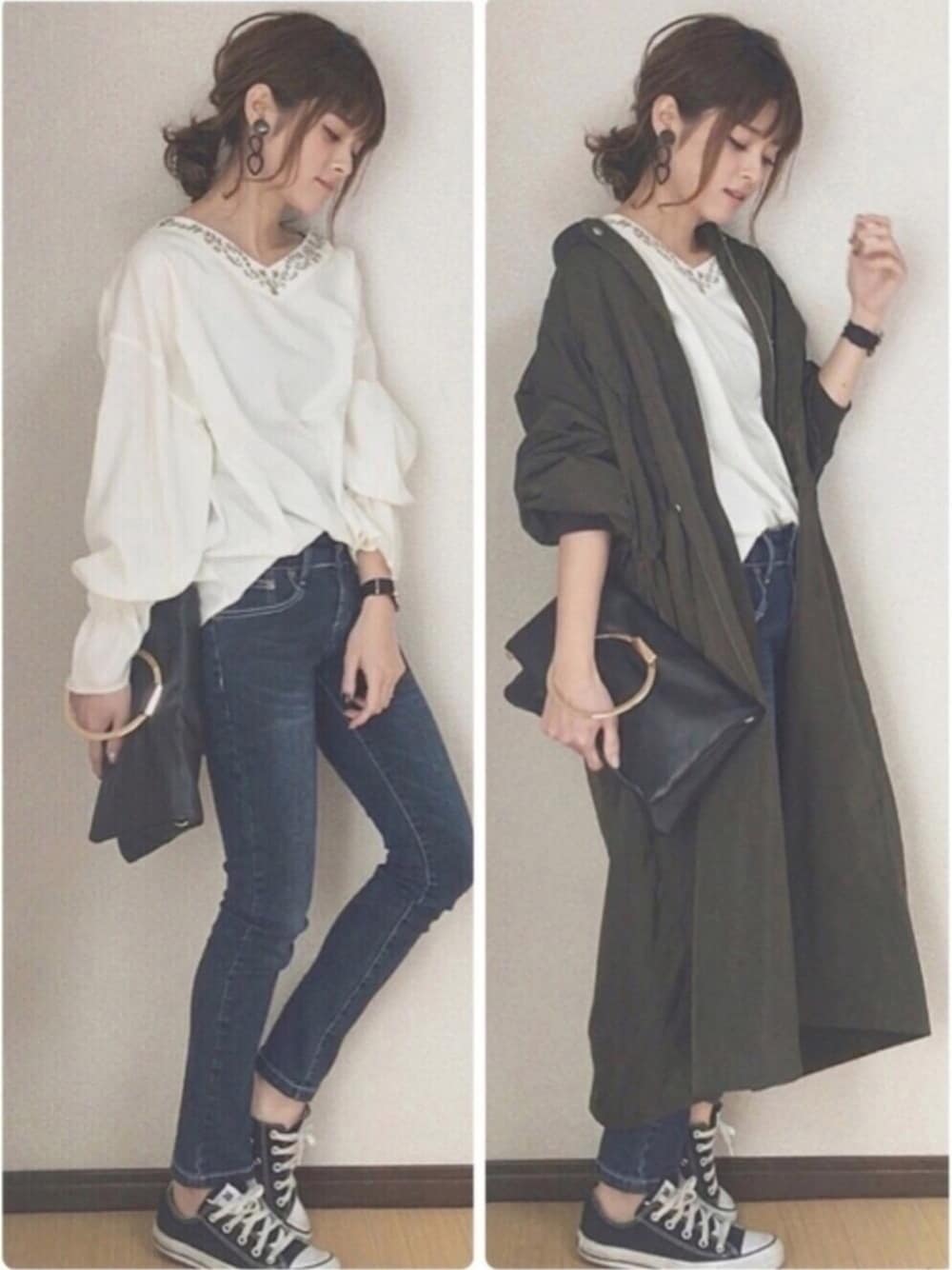 「カジュアルコーデ、カーキ、MA-1、denim、春、シンプル、大人カジュアル、スプリングSENSEOFPLACE、スニーカー、GRL」｜「EMODAのOVER STRINGミリタリーコート（モッズコート、グリーン系）」を使った、yunさん（レディース・153cm）の春コーディネートの1枚目の写真