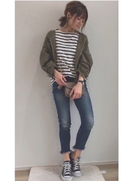 「GRL（グレイル）のアイテム（ノーカラージャケット）」を使った、yunさん（レディース・153cm）の春コーディネート