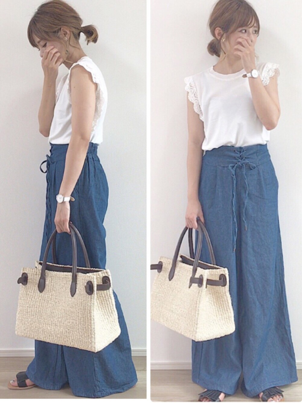 「レースアップデニム、GRL、denim、ワイドパンツ、シンプル、ラフ、kormarch、サンダル、カジュアルコーデ、プチプラ」｜「GRLのレースアップデニムワイドパンツ（デニムパンツ、ブルー系）」を使った、yunさん（レディース・153cm）の夏コーディネートの1枚目の写真