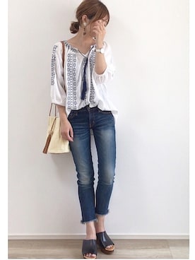 「Ungrid（アングリッド）のインディゴフレイドヘムストスリ（デニムパンツ）」を使った、yunさん（レディース・153cm）の夏コーディネート