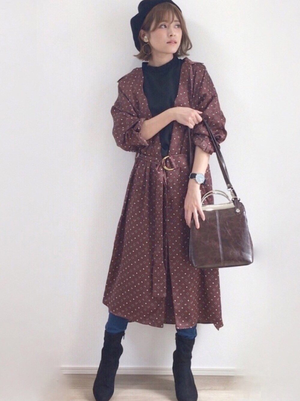 「UR20th_SOP、UR20th_SL、ベレー帽、ショートブーツ、低身長、ガーリー、スキニーデニム、シャツスタイル、秋コーデ、秋服」｜「SENSE OF PLACE by URBAN RESEARCHのロングシャツガウン（その他アウター、ブラウン系）」を使った、yunさん（レディース・153cm）の秋コーディネートの1枚目の写真