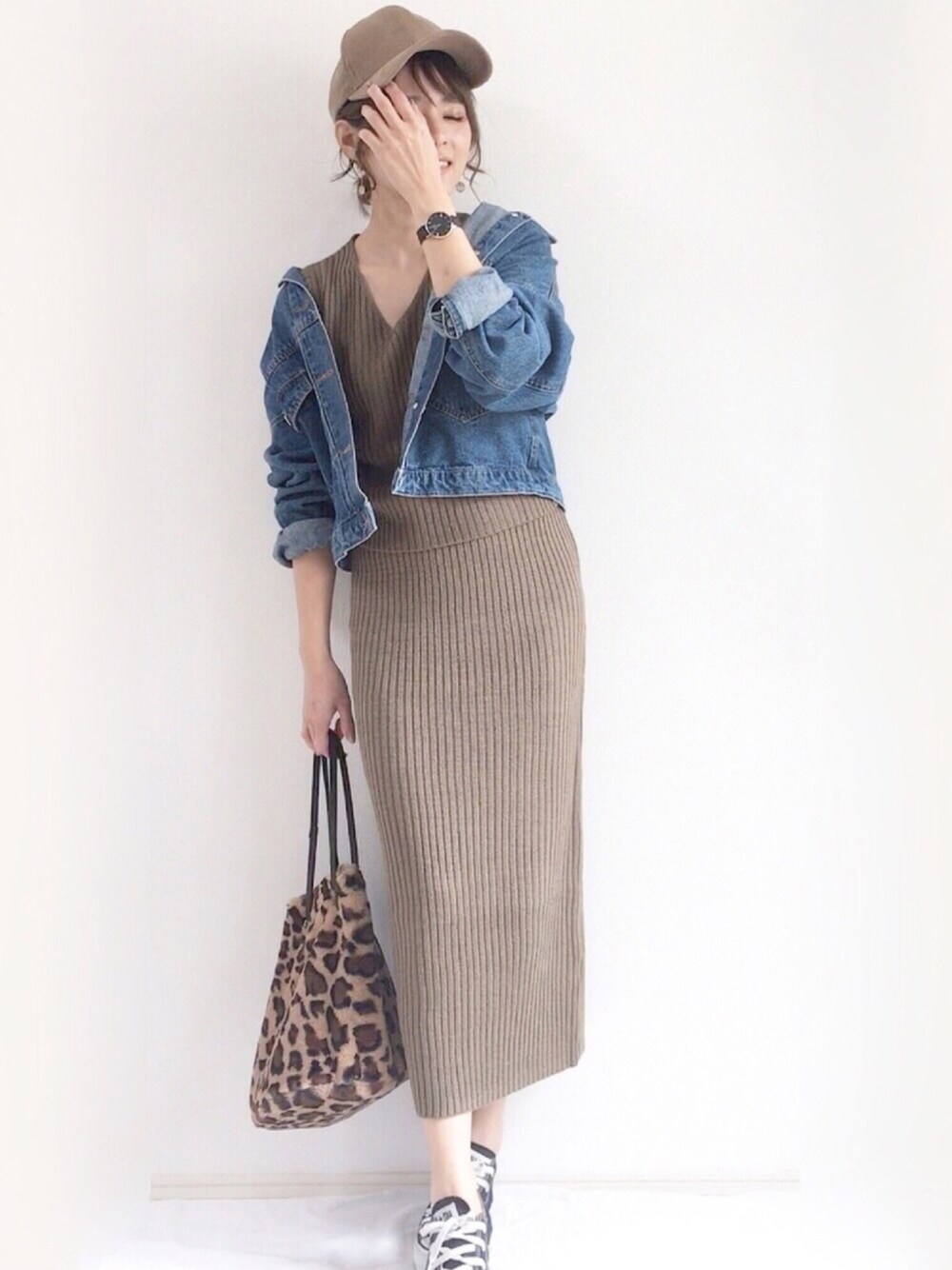 「セットアップ、キャップ、GRL、大人カジュアル、プチプラ、コンバース、レオパード、デニムジャケット、ニット、秋コーデ」｜「fifthのアイテム（トップス、グリーン系）」を使った、yunさん（レディース・153cm）の秋コーディネートの1枚目の写真