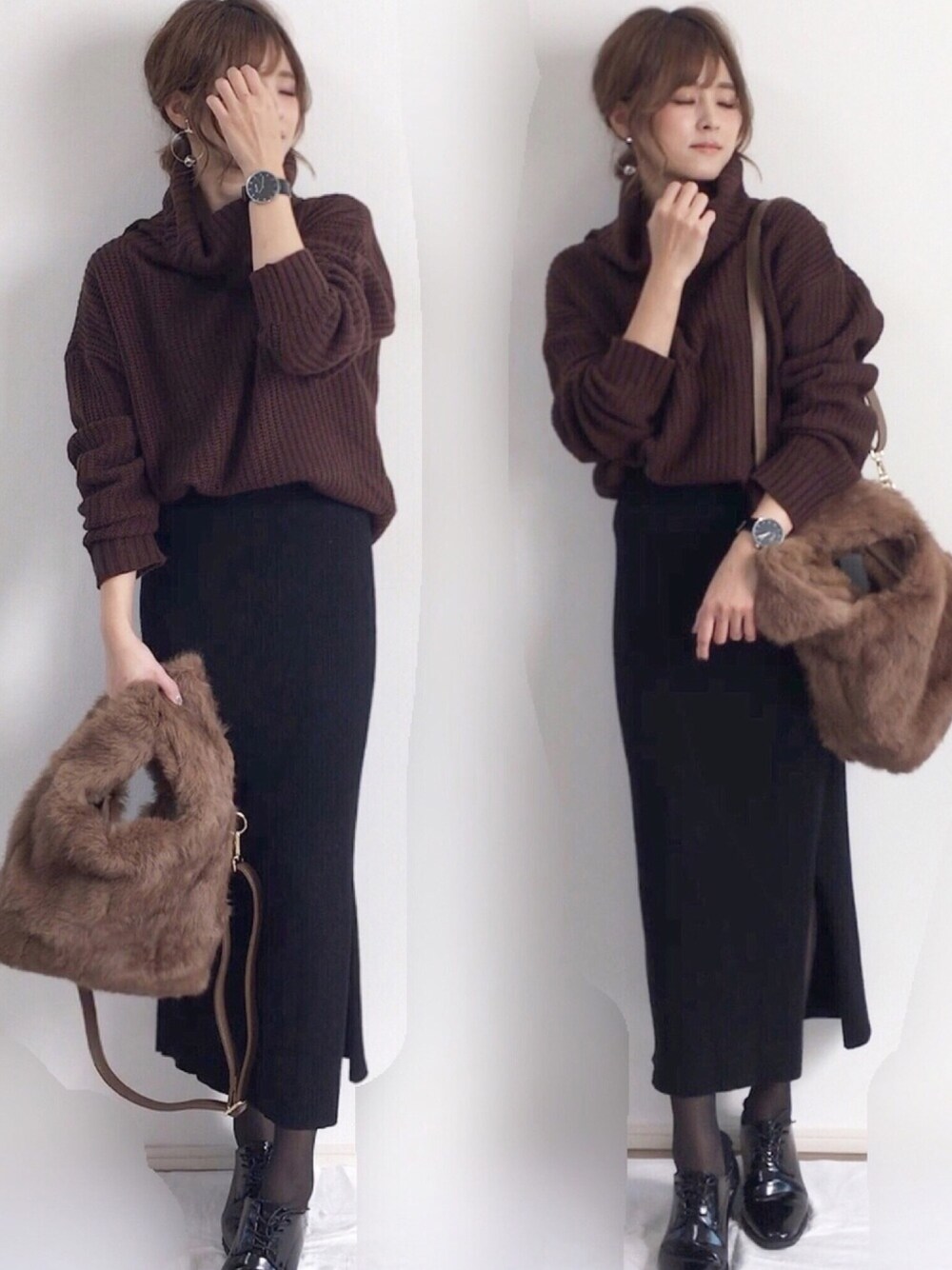 「カジュアルコーデ、UNIQLO、大人カジュアル、黒、ガーリー、ニット、ユニクロ、ファー、プチプラコーデ、GRL」｜「GRLのタートルニットトップス（ニット/セーター、ブラウン系）」を使った、yunさん（レディース・153cm）の秋コーディネートの1枚目の写真