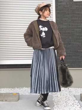 「ベロアスカート」｜「アイテム（キャップ）」を使った、yunさん（レディース・153cm）の冬コーディネート