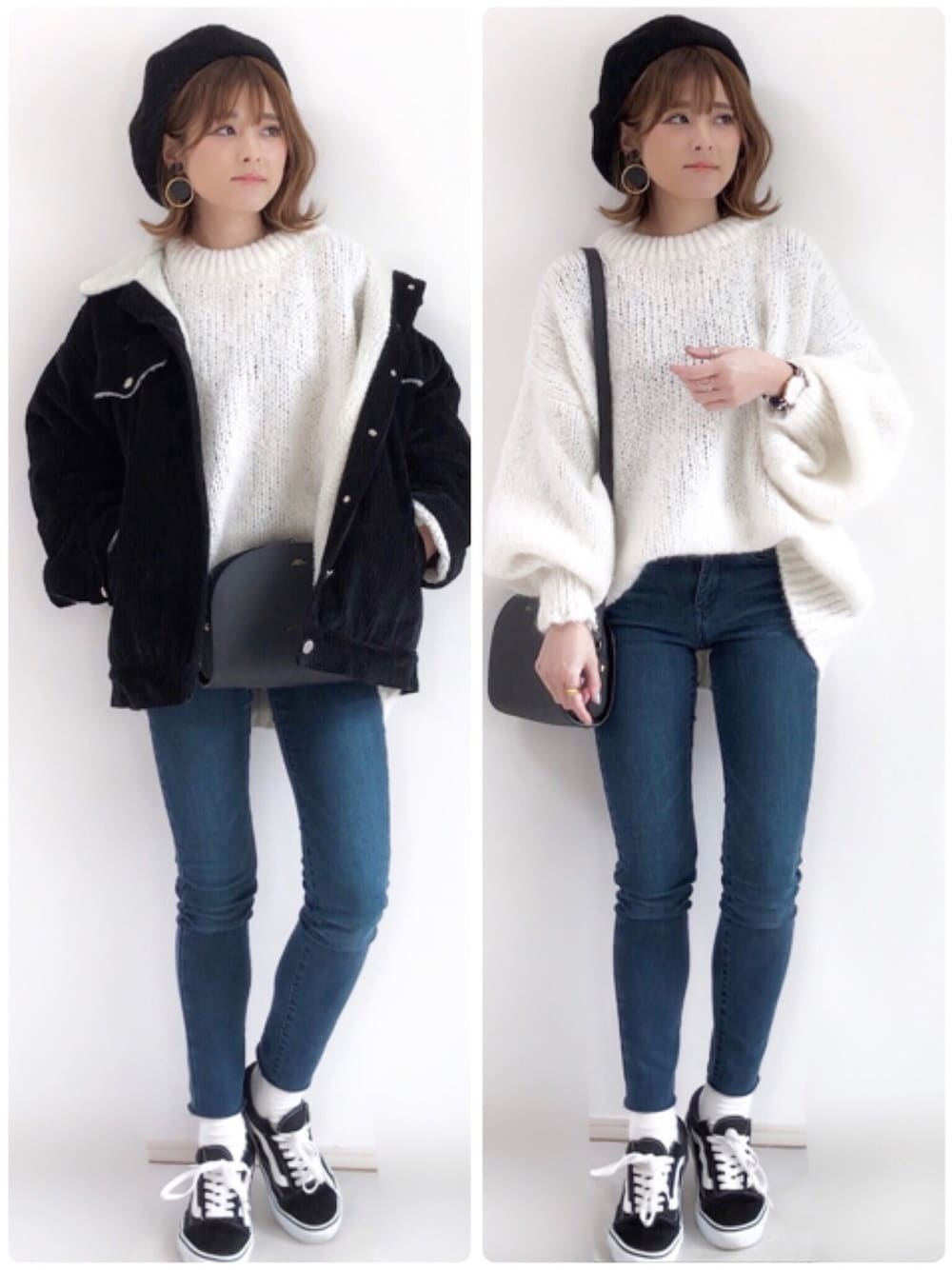 ブルー系のデニムパンツ、その他のその他アウター、ブラック系のショルダーバッグを着用したレディースの冬コーディネートの1枚目の写真